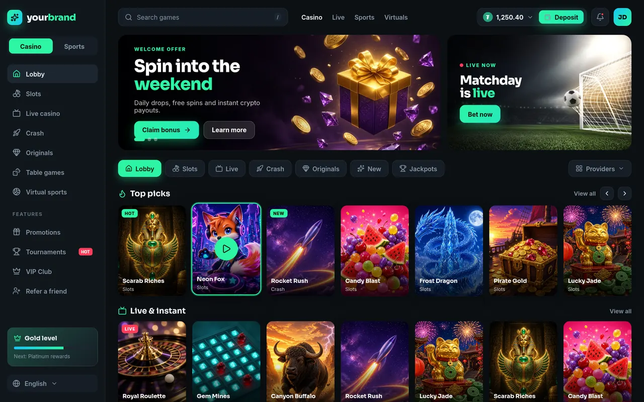 Casino lobby front end, Midnight Mint theme