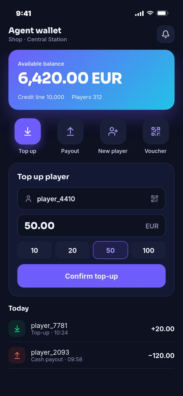 Agent cashier app for player top-ups