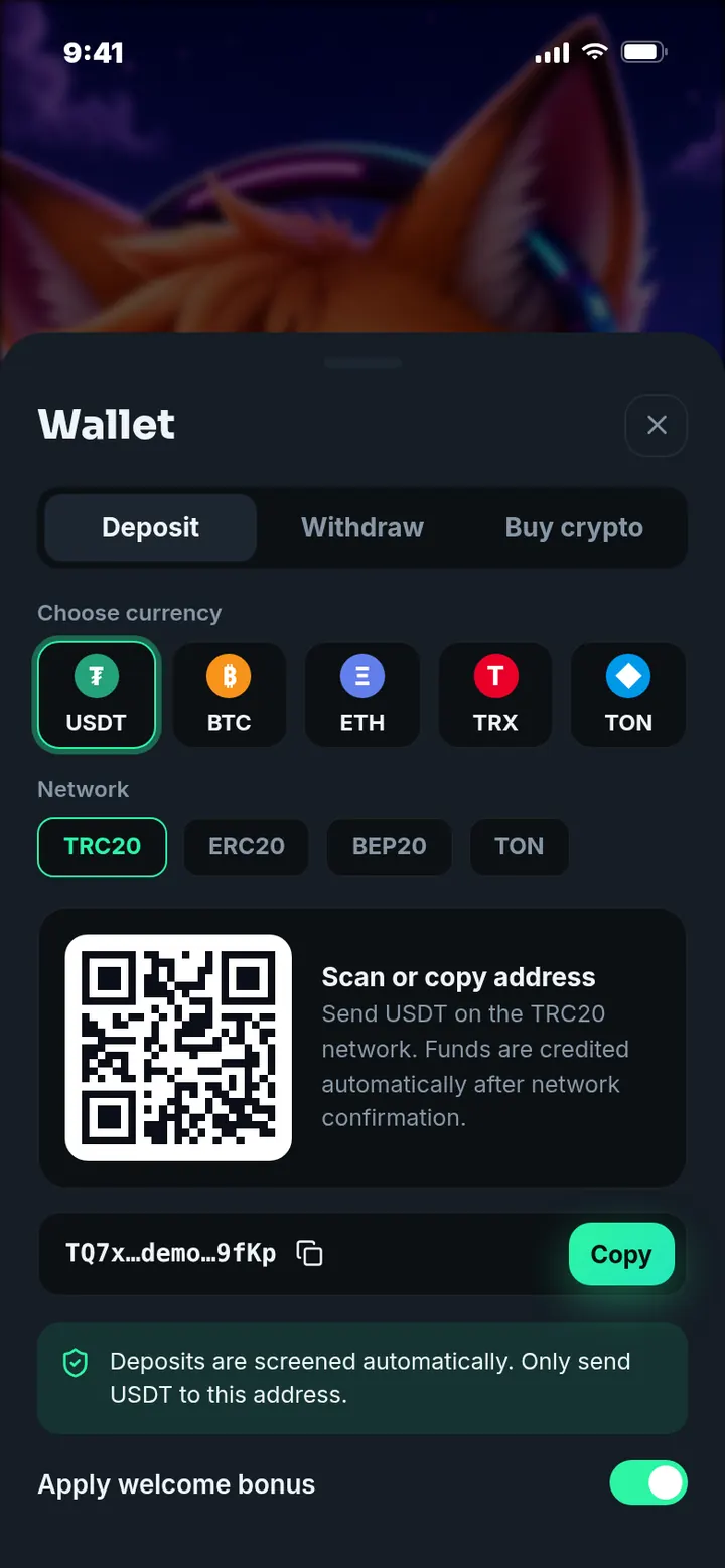 Mobile crypto deposit screen
