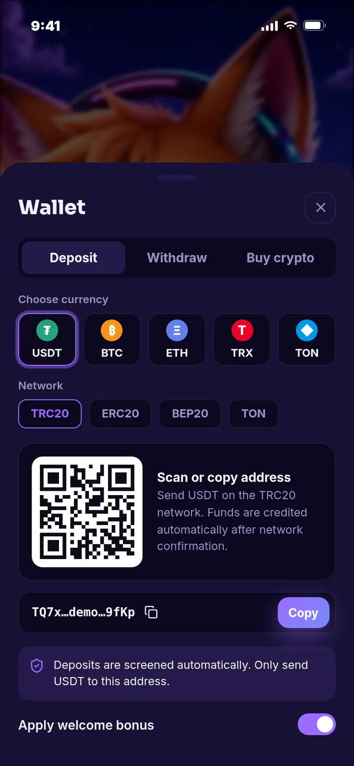 Mobile crypto deposit screen
