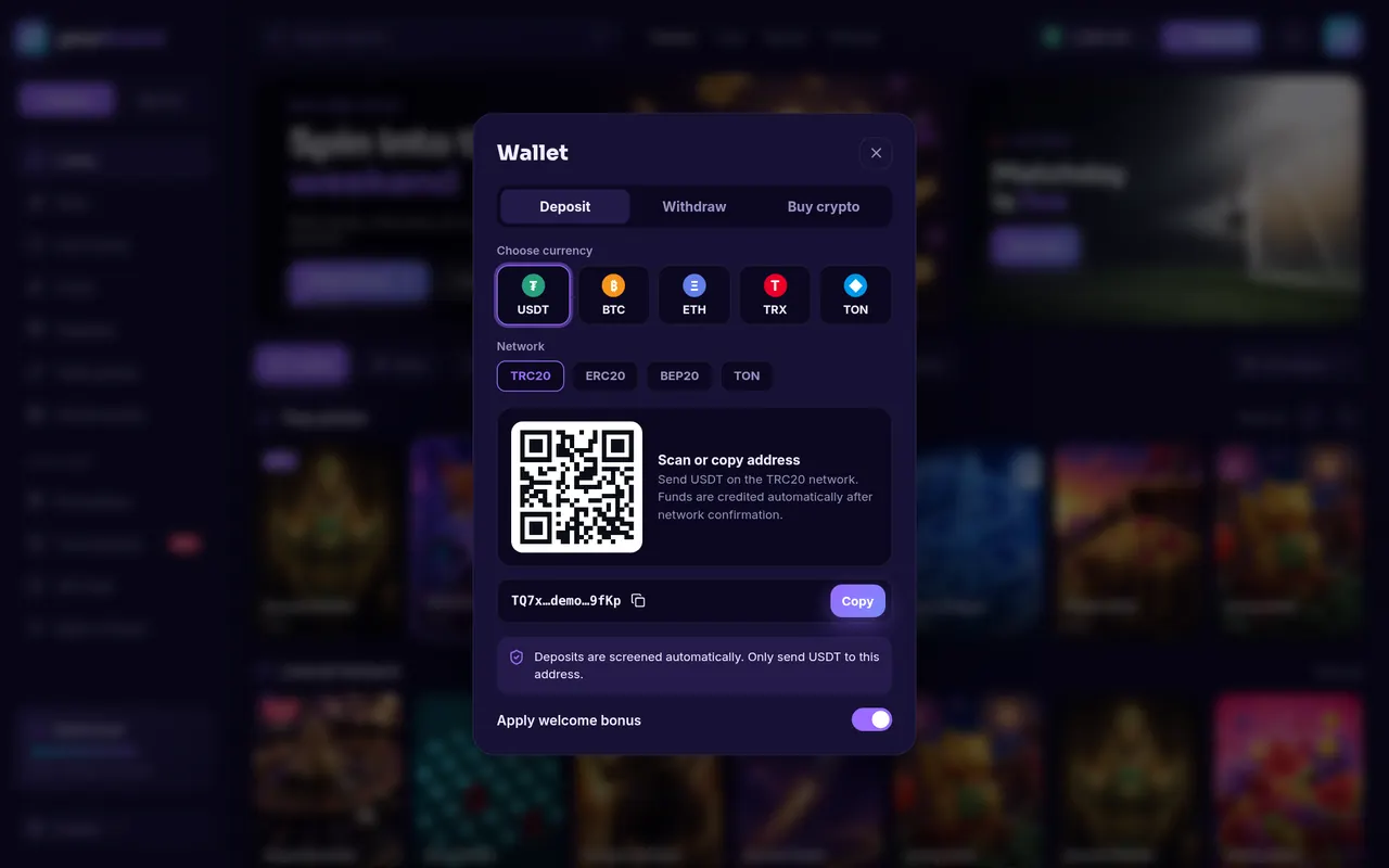 Crypto deposit wallet in the casino front end